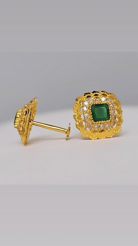 18K Gold Square Emerald Halo Screw Stud Earrings - Image 3