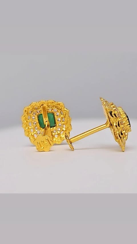 18K Gold Square Emerald Halo Screw Stud Earrings - Image 4