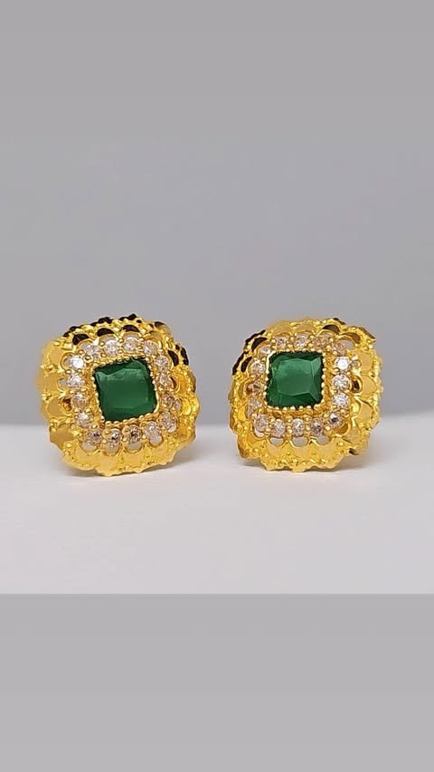 18K Gold Square Emerald Halo Screw Stud Earrings - Image 2
