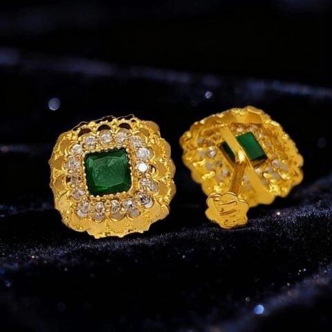 18K Gold Square Emerald Halo Screw Stud Earrings