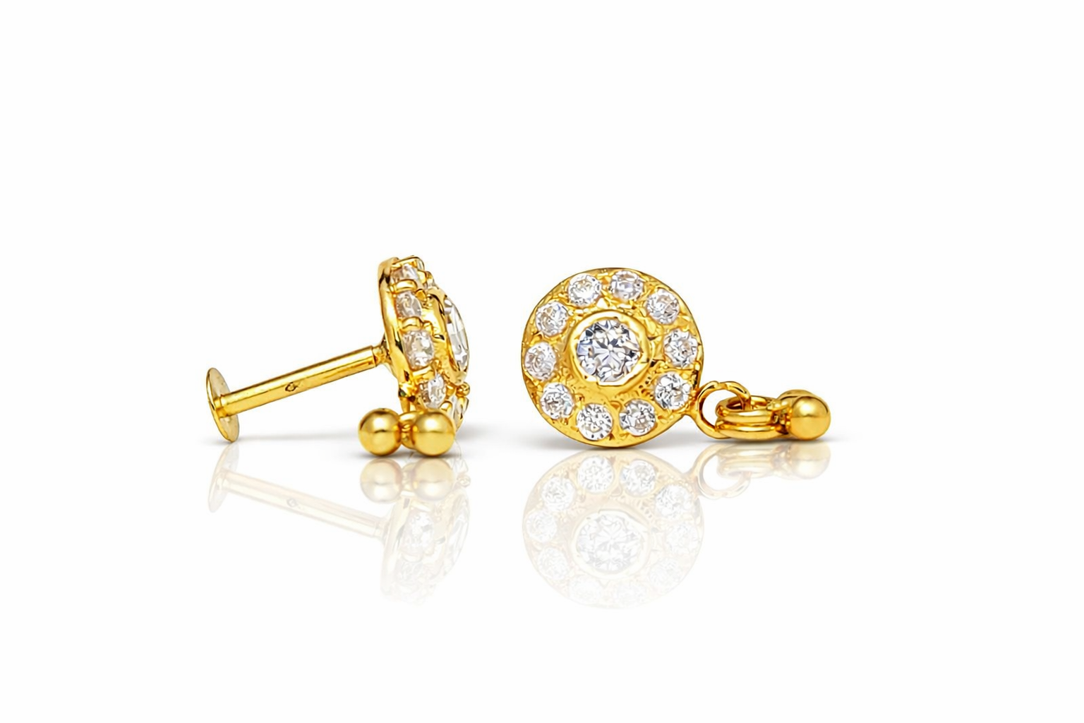 18 Carat Gold cz Diamond Halo Ear Studs – Elegant Round Design